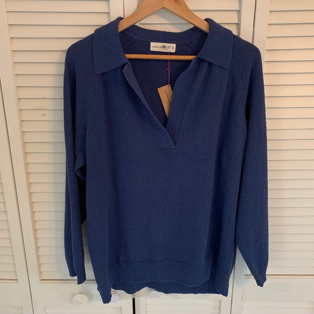 NWT Natural Life‎ Blue Polo Sweater Womens S Textured Knit V-Neck Lightweight